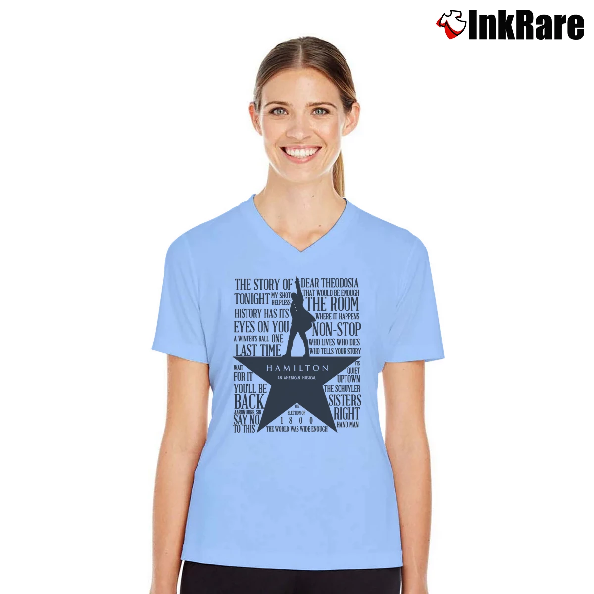 Women’s Lewis Hamilton Band Hamilton American Musical V-Neck Tee in light blue | Chic Neckline, Soft Texture