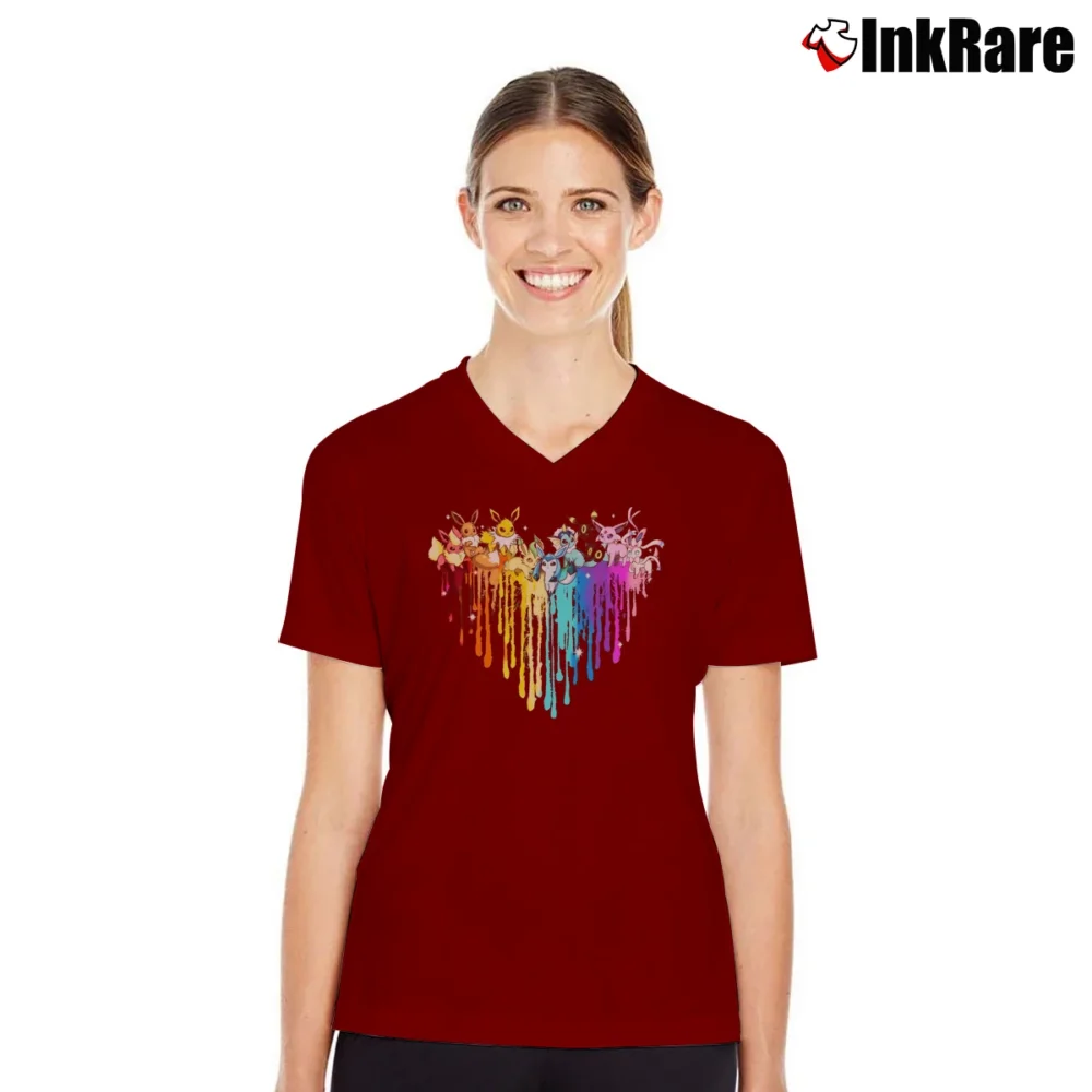 Women’s LGBT Pride Watercolor Pokemon Rainbow V-Neck Tee in maroon | Chic Neckline, Soft Texture