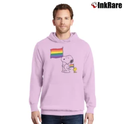 Men’s LGBT Snoopy Woodstock Gay Pride Pullover Hoodie in light pink | Cozy, Durable, Modern Fit