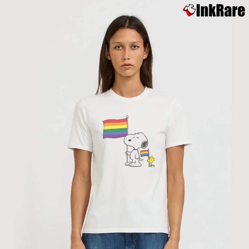 Women’s LGBT Snoopy Woodstock Gay Pride Signature T-Shirt in white | Soft, Flattering Fit
