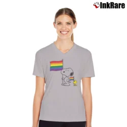 Women’s LGBT Snoopy Woodstock Gay Pride V-Neck Tee in sport grey | Chic Neckline, Soft Texture