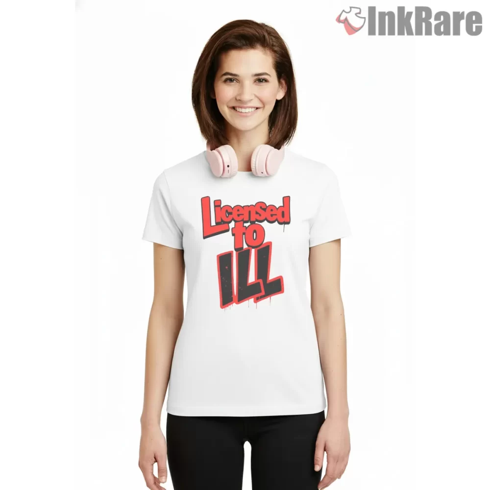 Licensed To Ill Beastie Boys Title Logo Shirt on white short sleeve shirt for women graphic tee