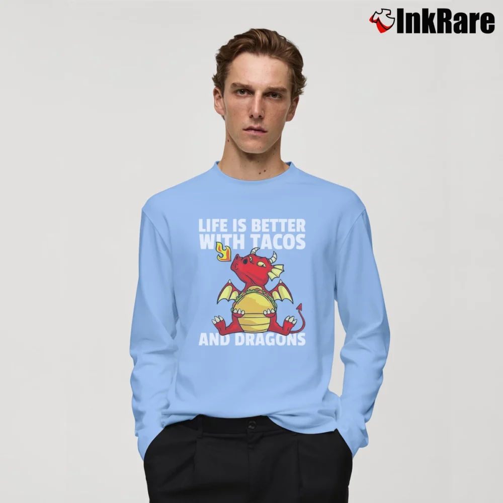 Men’s Life Is Better With Tacos And Dragons Funny Long-Sleeve Shirt in light blue | Sleek, Lightweight, Year-Round Wear