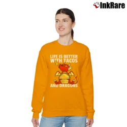 Women’s Life Is Better With Tacos And Dragons Funny Relaxed Sweatshirt in orange | Soft, Laid-Back Vibe
