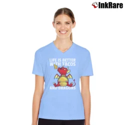 Women’s Life Is Better With Tacos And Dragons Funny V-Neck Tee in light blue | Chic Neckline, Soft Texture