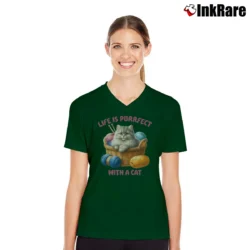 Women’s Life Is Purrfect With A Cat For Pet Lovers V-Neck Tee in forest green | Chic Neckline, Soft Texture