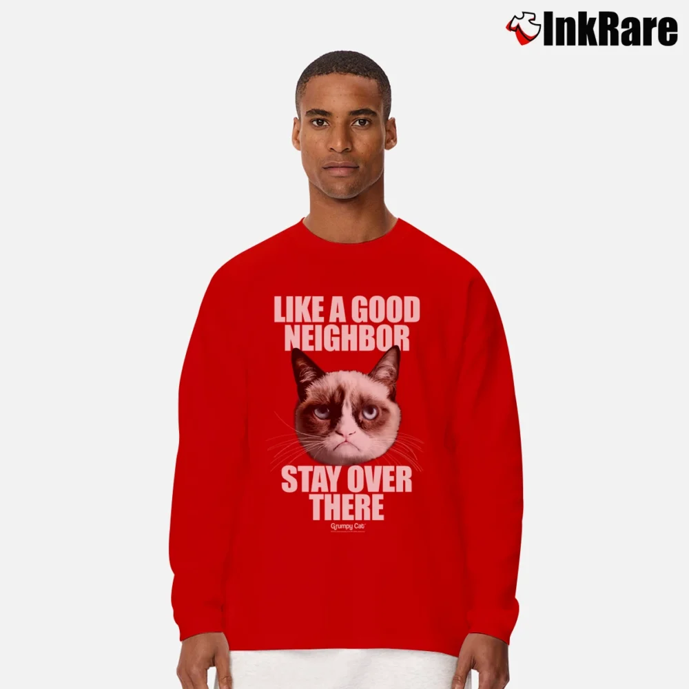 Men’s Like A Good Neighbor Stay Over There Funny Long-Sleeve Shirt in red | Sleek, Lightweight, Year-Round Wear