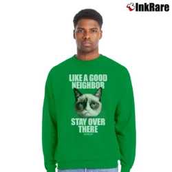 Men’s Like A Good Neighbor Stay Over There Funny Crewneck Sweatshirt in irish green | Cozy Fabric, Clean Style