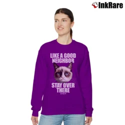 Women’s Like A Good Neighbor Stay Over There Funny Relaxed Sweatshirt in purple | Soft, Laid-Back Vibe