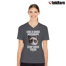 Women’s Like A Good Neighbor Stay Over There Funny V-Neck Tee in charcoal | Chic Neckline, Soft Texture