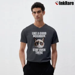 Men’s Like A Good Neighbor Stay Over There Funny V-Neck Tee in charcoal | Sharp, Breathable, Everyday Staple