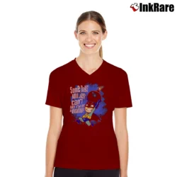 Women’s Lil Batman Get Rid Of Bomb Funny Comic V-Neck Tee in maroon | Chic Neckline, Soft Texture
