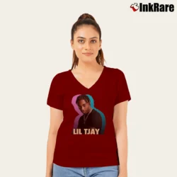 Women’s Lil Tjay Birthday Gift Graphic V-Neck Tee in maroon | Chic Neckline, Soft Texture