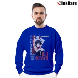 Men’s Lil Tracy Vhs Japanese Graphic Crewneck Sweatshirt in royal blue | Cozy Fabric, Clean Style