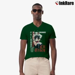 Men’s Lil Tracy Vhs Japanese Graphic V-Neck Tee in forest green | Sharp, Breathable, Everyday Staple