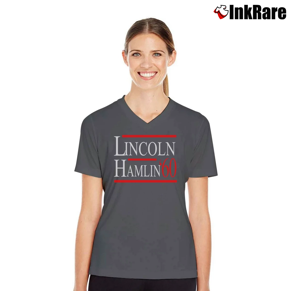 Women’s Lincoln Hamlin 60 Campaign Republican Democrat V-Neck Tee in charcoal | Chic Neckline, Soft Texture