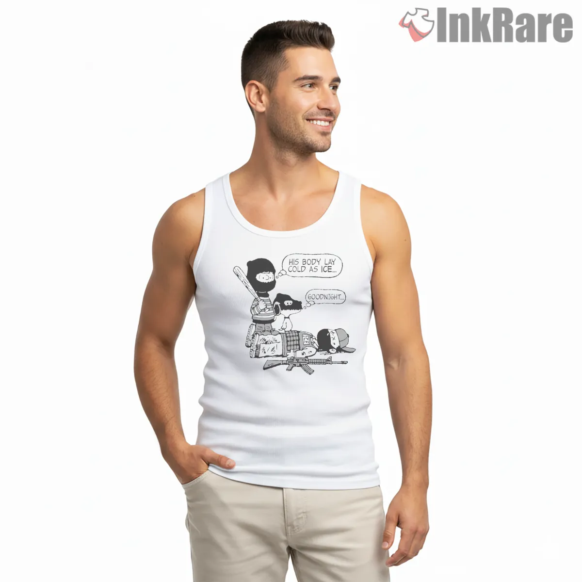 Linus And Snoopy Goodnight Comic Scene Tank Top White Linus And Snoopy Goodnight Comic Scene Shirt on white tank top for men graphic tee