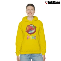 Women’s Lisa Frank Colorful Lips Fan Cozy Hoodie in yellow | Warm, Structured, Stylish