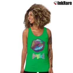Women’s Lisa Frank Colorful Lips Fan Tank Top in irish green | Lightweight, Movement-Friendly