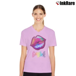 Women’s Lisa Frank Colorful Lips Fan V-Neck Tee in light pink | Chic Neckline, Soft Texture