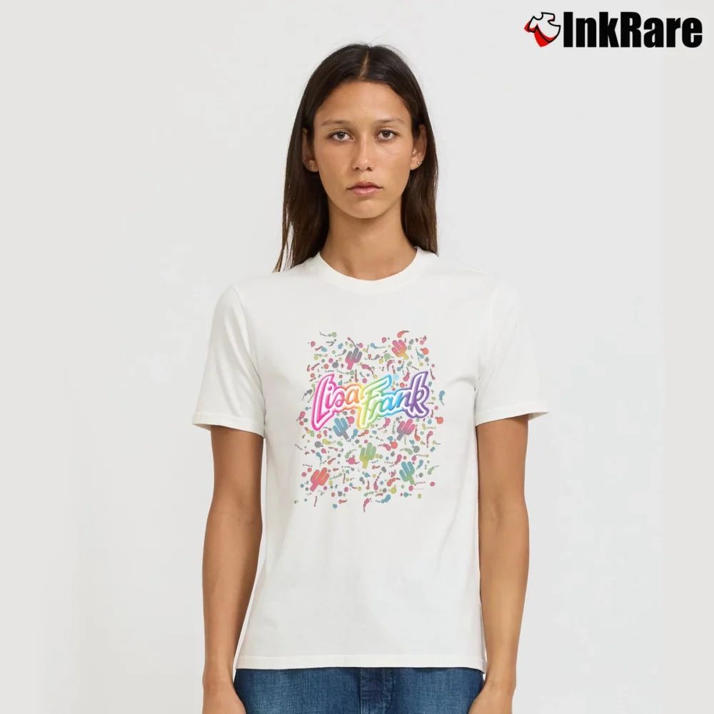 Women’s Lisa Frank Colorful Retro Graphic Signature T-Shirt in white | Soft, Flattering Fit