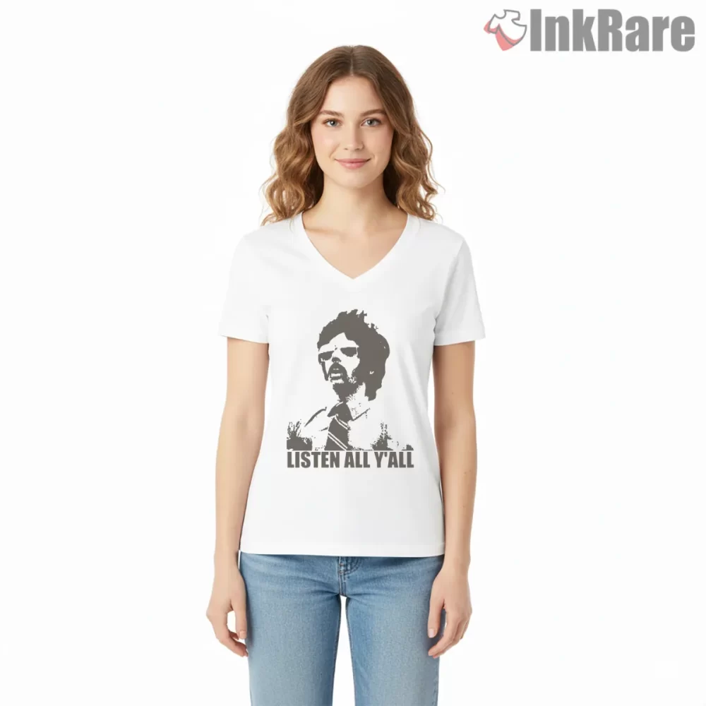 Listen All Yall Beastie Boys Lyric Portrait Shirt on white v-neck shirt for women graphic tee