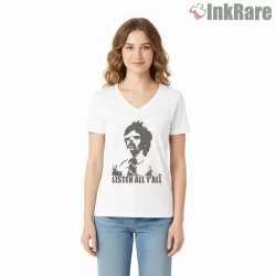 Listen All Yall Beastie Boys Lyric Portrait Shirt on white v-neck shirt for women graphic tee