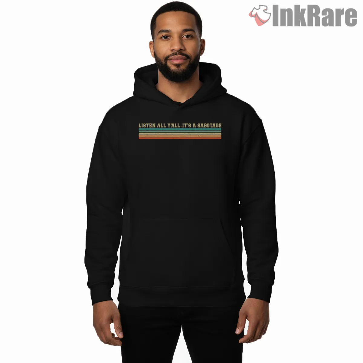 Listen All Yall Its A Sabotage Stripe Graphic Shirt on black hoodie for men graphic tee