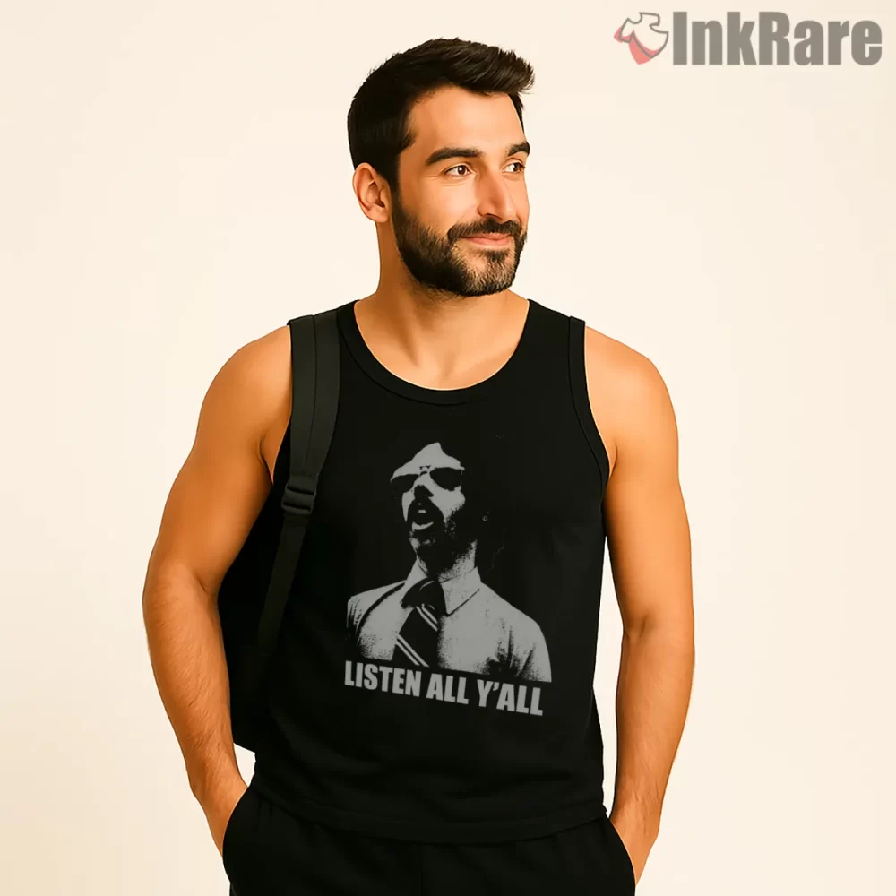 Listen All Yall Portrait Beastie Boys Shirt on black tank top for men graphic tee