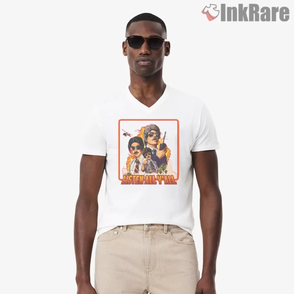 Listen All Yall Sabotage Retro Poster Shirt on white v-neck shirt for men graphic tee