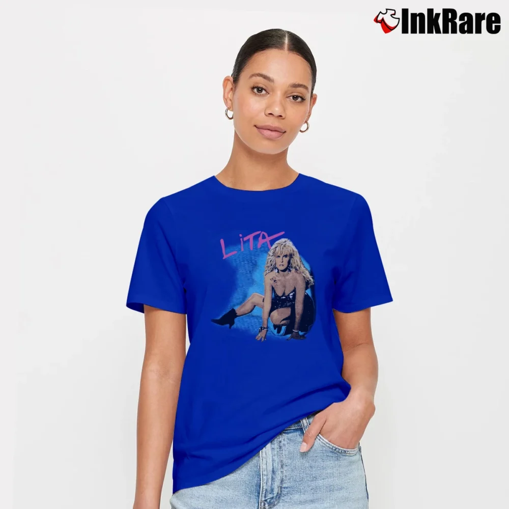 Women’s Lita Ford 1988 Rock Tour Band Signature T-Shirt in royal blue | Soft, Flattering Fit