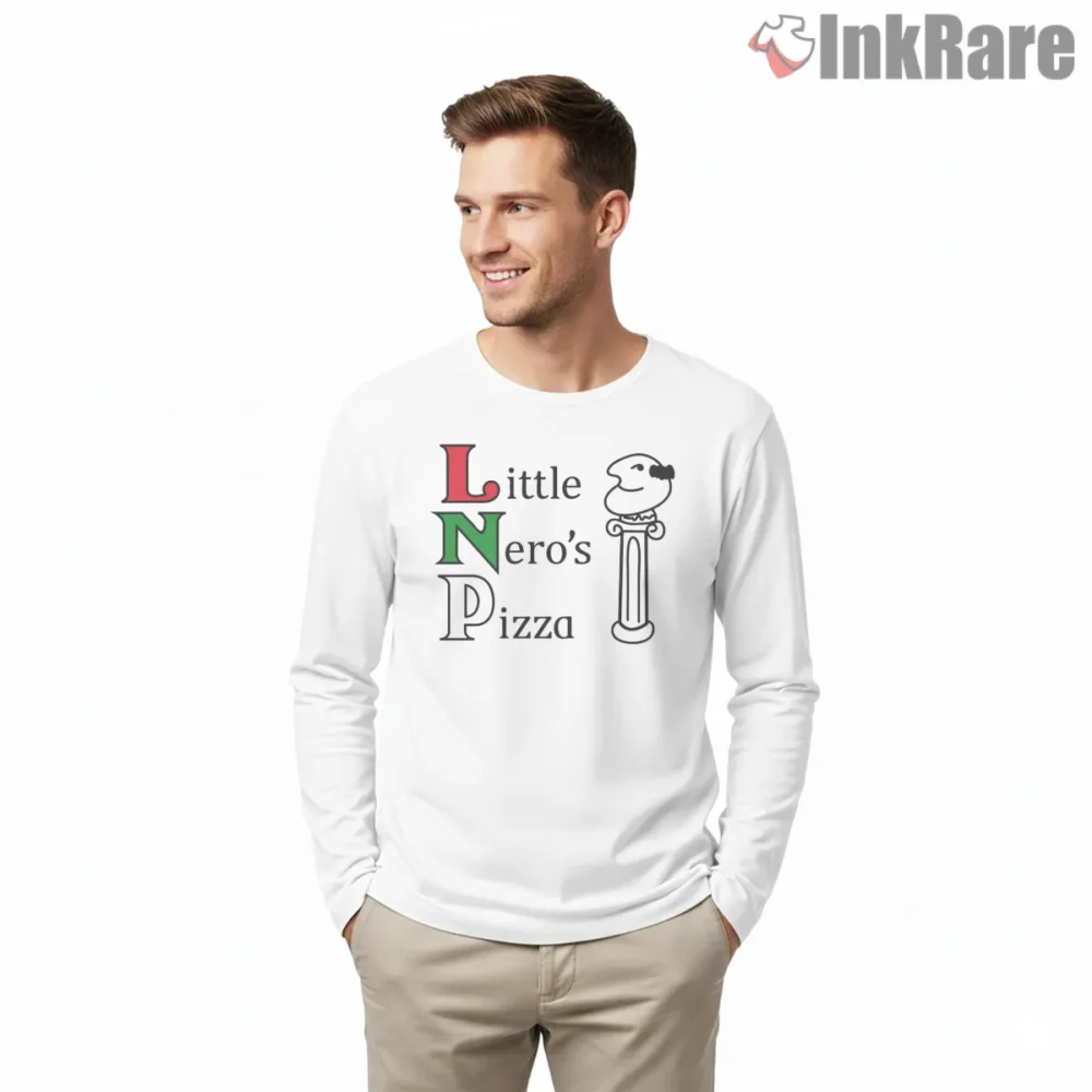 Little Neros Pizza Classic Logo Emblem Shirt on white long sleeve shirt for men graphic tee