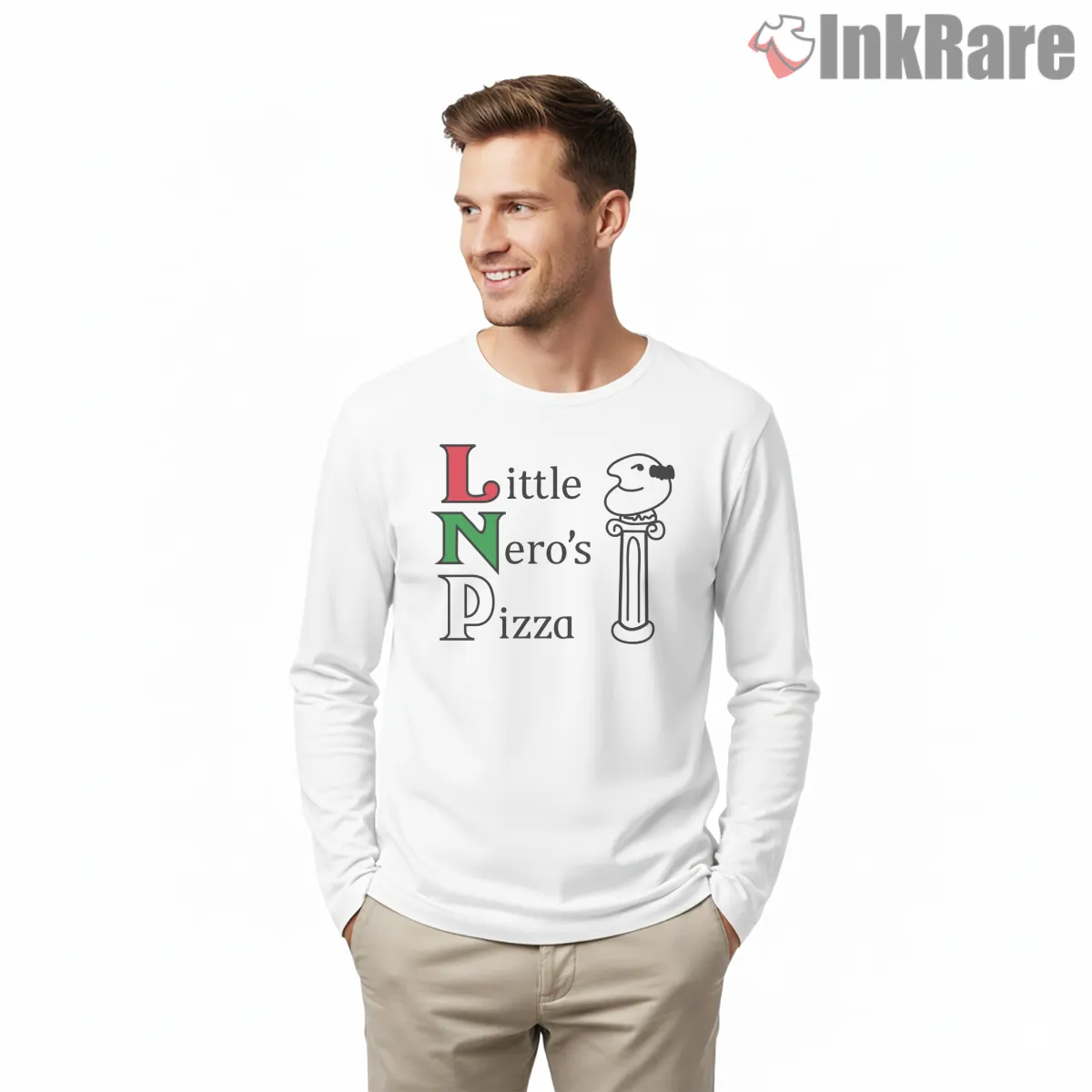 Little Neros Pizza Classic Logo Emblem Long Sleeve White Little Neros Pizza Classic Logo Emblem Shirt on white long sleeve shirt for men graphic tee
