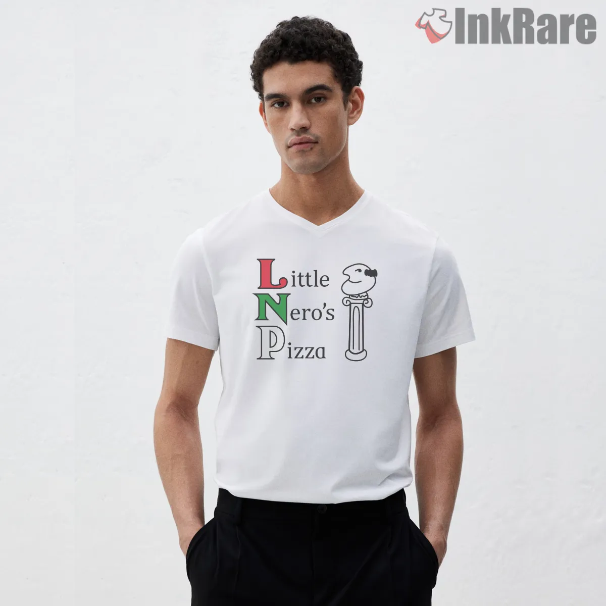 Little Neros Pizza Classic Logo Emblem V Neck White Little Neros Pizza Classic Logo Emblem Shirt on white v-neck shirt for men graphic tee