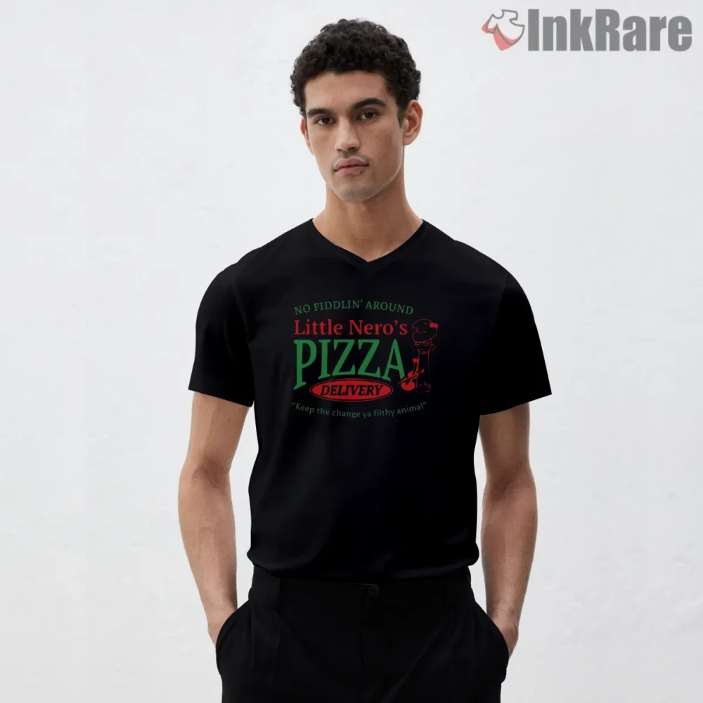Little Neros Pizza Keep The Change Shirt on black v-neck shirt for men graphic tee