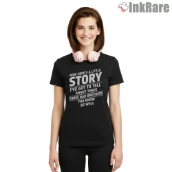 Little Story Three Bad Brothers Rap Intro Shirt on black short sleeve shirt for women graphic tee