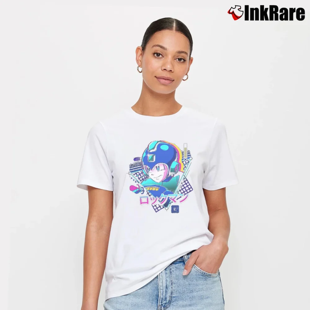 Women’s Lofi Blue Bomber Mega Man Signature T-Shirt in white | Soft, Flattering Fit