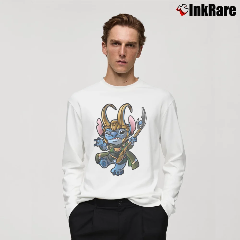 Men’s Loki 2021 Movie Featuring Stitch With Loki Helmet Long-Sleeve Shirt in white | Sleek, Lightweight, Year-Round Wear