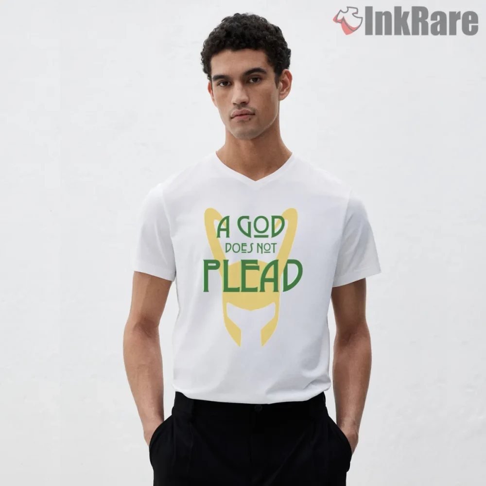Loki A God Does Not Plead Minimal Quote Helmet Shirt on white v-neck shirt for men graphic tee