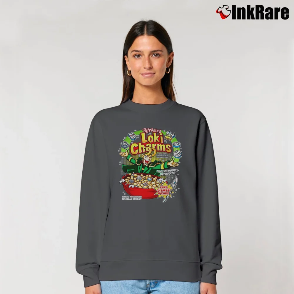 Women’s Loki Charms Cereal Parody Relaxed Sweatshirt in charcoal | Soft, Laid-Back Vibe