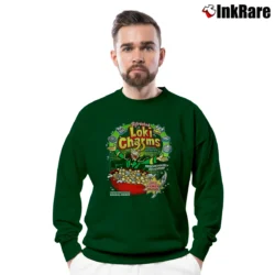 Men’s Loki Charms Cereal Parody Crewneck Sweatshirt in forest green | Cozy Fabric, Clean Style