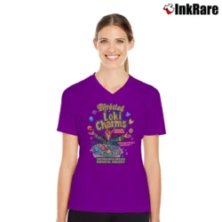 Women’s Loki Charms Thor Asgard Cereal Parody V-Neck Tee in purple | Chic Neckline, Soft Texture