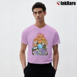 Men’s LOKI Charms Thor Superhero Antihero Asgard Bifrost V-Neck Tee in light pink | Sharp, Breathable, Everyday Staple
