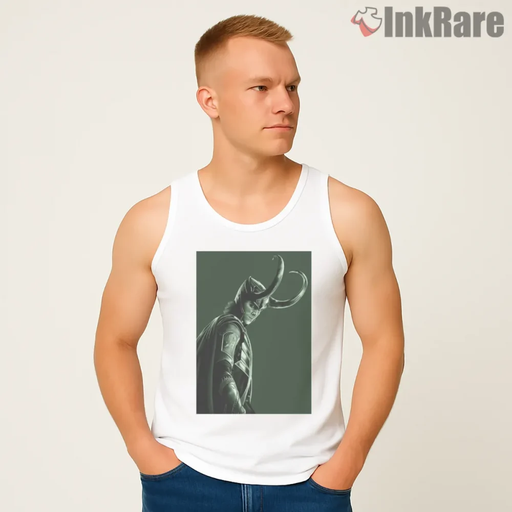 Loki Cinematic Portrait Dark Green Minimal Shirt on white tank top for men graphic tee