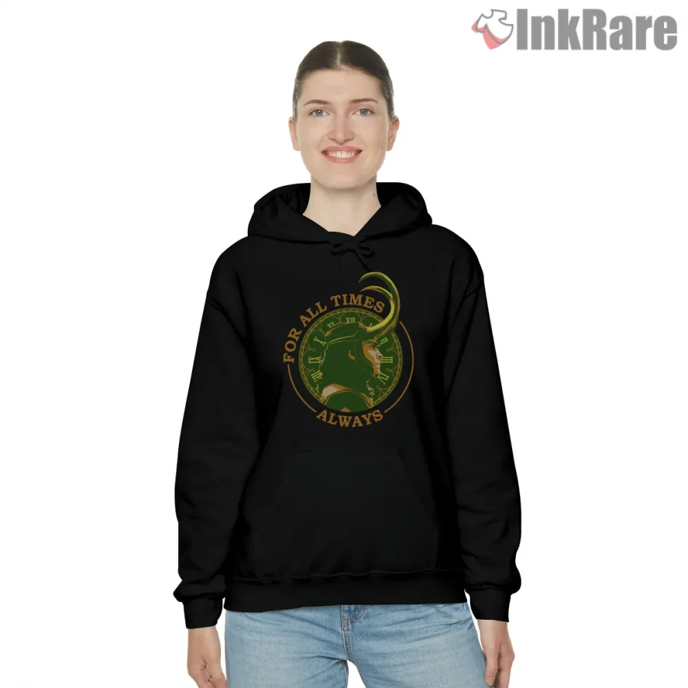 Loki For All Time Circular Timeline Symbol Shirt on black hoodie for women graphic tee