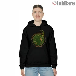Loki For All Time Circular Timeline Symbol Shirt on black hoodie for women graphic tee