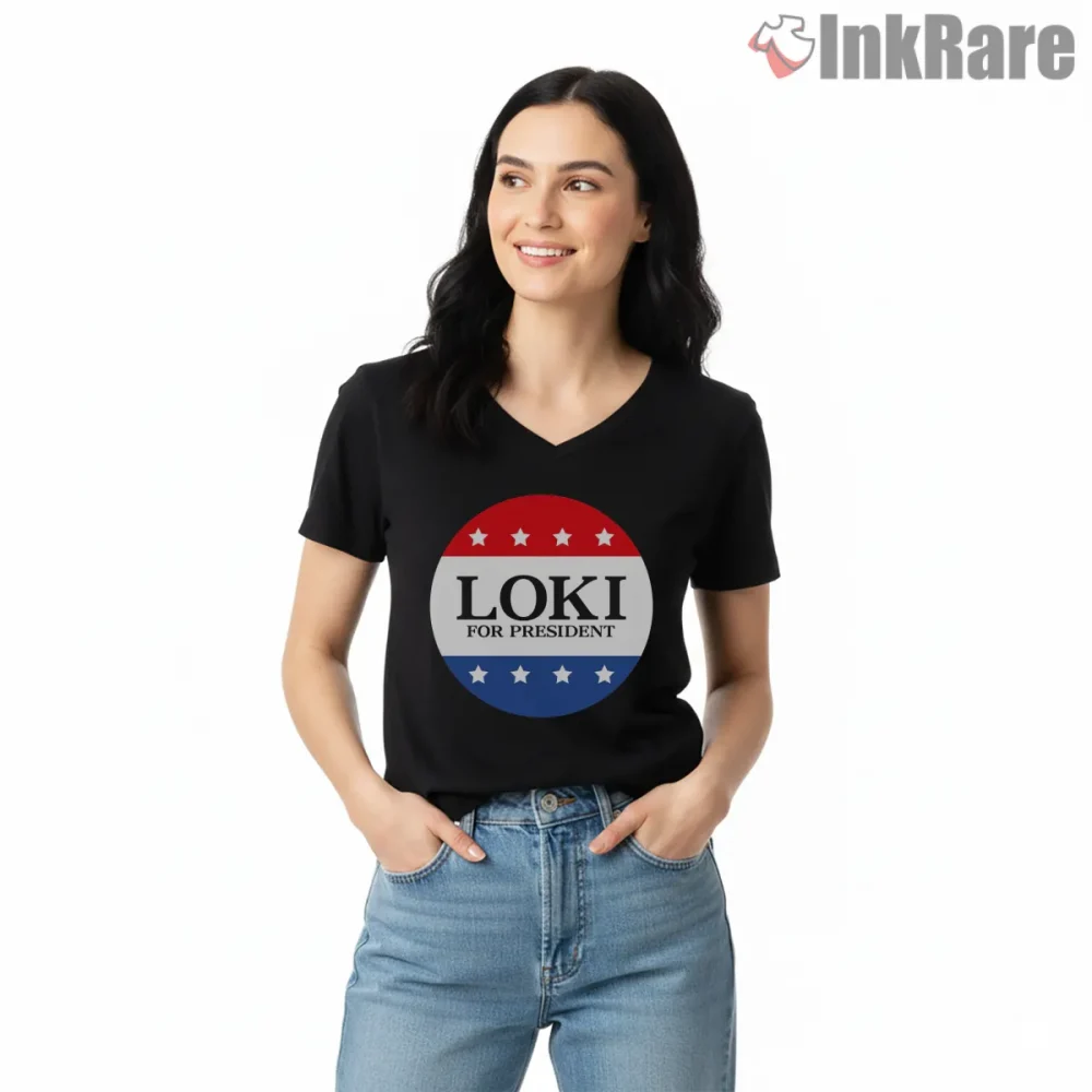 Loki For President Campaign Button Style Shirt on black v-neck shirt for women graphic tee