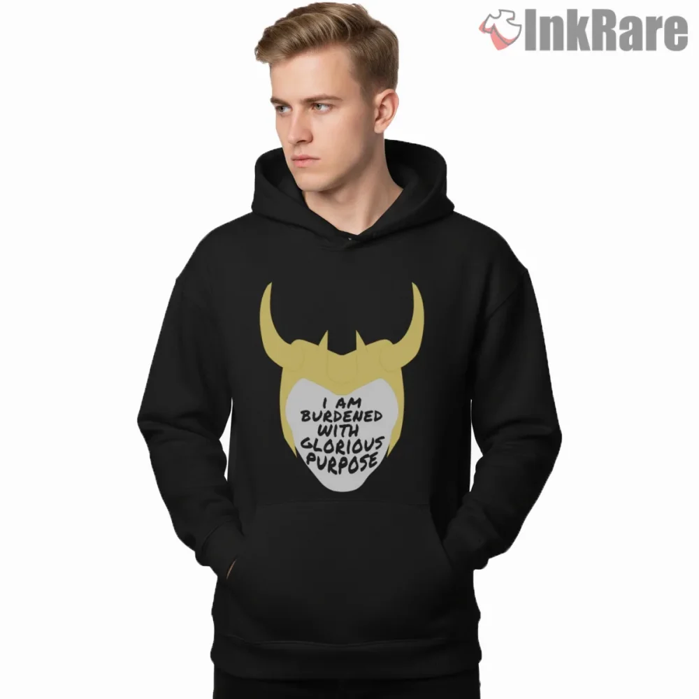 Loki Glorious Purpose Minimal Quote Helmet Shirt on black hoodie for men graphic tee