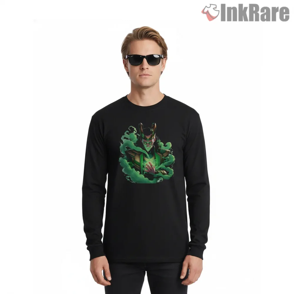 Loki Green Aura Magic Glow Power Shirt on black long sleeve shirt for men graphic tee