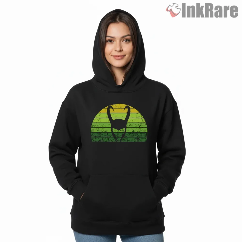 Loki Horns Silhouette Retro Sunset Mischief Shirt on black hoodie for women graphic tee